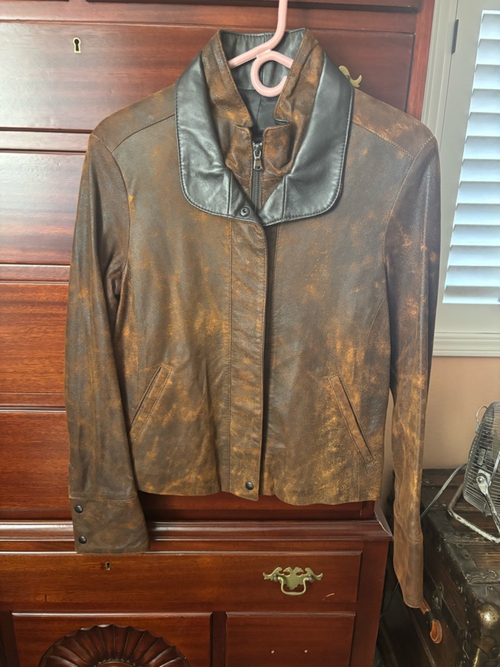 Women's Brown Distressed Leather Jacket with Dark Collar